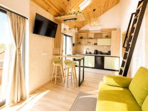 a kitchen and living room with a couch and a table at Royal Hill-Queen Chalet -Bran, Mountain View and Hot Tub in Sohodol