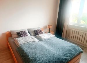 a bedroom with a bed with a blue blanket and a window at Przytulny Kąt in Żory