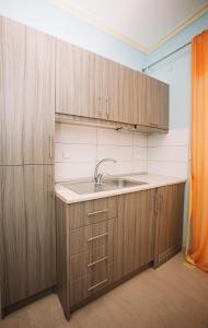 eine Küche mit Holzschränken und einer Spüle in der Unterkunft Hotel White Rose Beach in Olympiakí Aktí + 186 Fotos