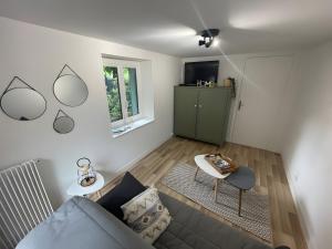 a living room with a couch and a table at Le Puy D'Eraigne in Saint-Nectaire