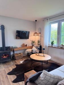 a living room with a couch and a table and a fireplace at Domek z jacuzzi Studnica 39 in Studnica