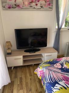 a flat screen tv sitting on a stand in a bedroom at Les Begonias in Cilaos