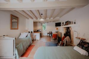 a living room with a bed and a fireplace at Studio de Bresteau in Beillé