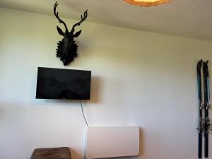 a wall with a tv and a deer head on it at Mountain&View in Super Besse