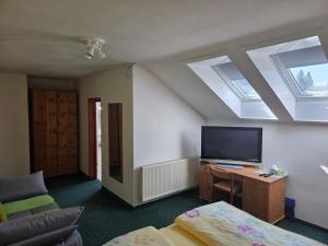 a living room with a flat screen tv and skylights at Pension Eva in Domažlice