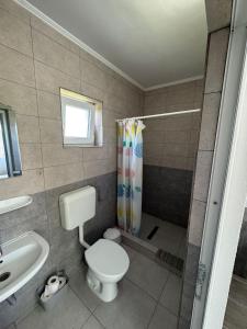 a bathroom with a toilet and a sink and a shower at Casa Osan in Tăşnad
