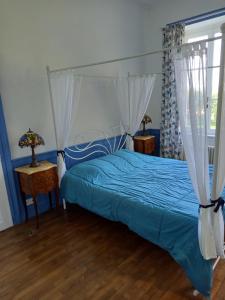 a bedroom with a blue bed with a canopy at chateau de Craon in Comblessac