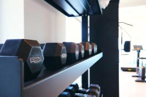 a row of dumbbells on a shelf in a gym at Albergo Da Carmine in Castellabate