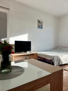 a room with a bed and a table with a television at Reževići apartment Lav in Reževići