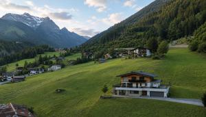 a house on a green hill with mountains in the background at Appartment Sonnenwiese in Finkenberg