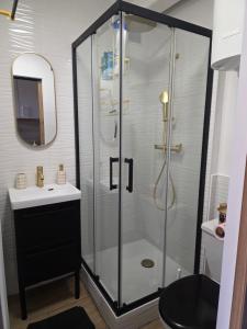 a bathroom with a glass shower and a sink at Le Cocon de Laeti & Steph in Port Leucate