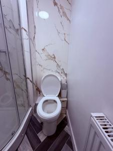 a small bathroom with a toilet and a shower at Anex Highfield Guest House in Idle