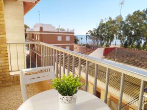 a balcony with a white table and a plant at Apartamentos Pagán Alejandro in San Javier