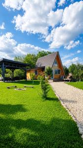 a house with a gravel path in front of it at A Frame YRA cu ciubar in Câmpulung