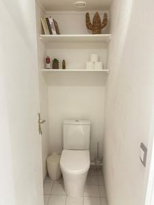 a small bathroom with a toilet and shelves at Azuri Lodge Piscine Privée Marina Golf in Saint-François +18 photos