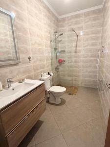 a bathroom with a toilet and a shower and a sink at Location meublée Martil in Martil +14 photos