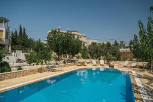 a large blue swimming pool with chairs and trees at Villa Efthalia in Pitsidia