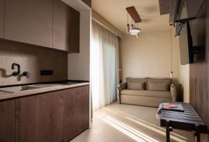 a kitchen and a living room with a couch at Pournari Center Toroni in Toroni