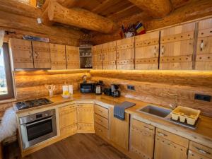 a kitchen with wooden cabinets and a sink in a cabin at Cabana Bocus in Păltinoasa