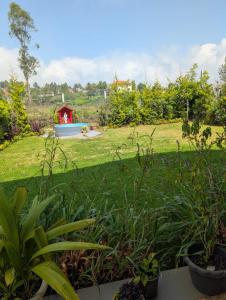 a garden with a red house in the background at Moonlight Chillers By LexStays in Yedapalli