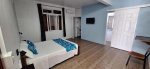 a bedroom with a bed and a window and a door at Kyo Villa in Quatre Vents