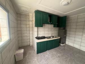 a green kitchen with a sink and a refrigerator at L Arche in Douala