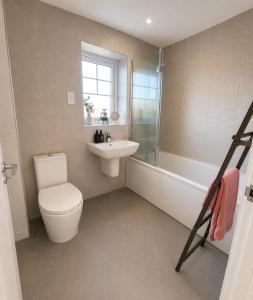 a bathroom with a toilet and a sink and a shower at Mason Gardens Home in Chilton