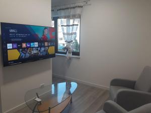 a living room with a glass table and a flat screen tv at Eco-Luxury Suite Luna in Umag