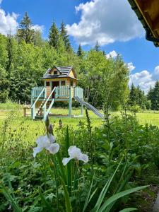 a small playground in a field with white flowers at Dom z drzew in Istebna