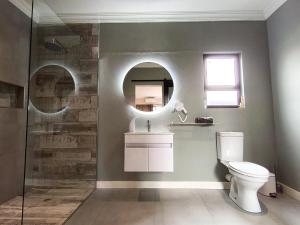 a bathroom with a toilet and a sink and a mirror at Unit 7 Dinas Accommodation Oranjemund in Oranjemund +5 photos