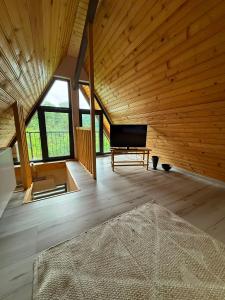 a large wooden room with a television and a couch at Complex Turistic Hor'A in Slănic