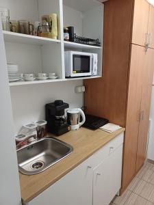 a small kitchen with a sink and a microwave at Borház in Dédestapolcsány