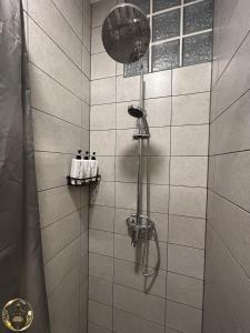 a bathroom with a shower with a shower head at Ural Home in Székesfehérvár +29 photos