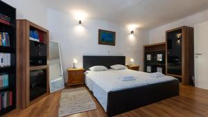 a bedroom with a bed and a book shelf at House Antonia by Villas Guide in Opuzen