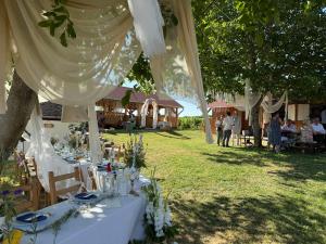 a table set up for a party under a tree at Joe Bácsi Rezidenciája in Kisharsány