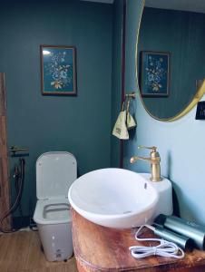 a bathroom with a sink and a mirror and a toilet at เวนิสบ้านเวร in Ban Khun Nam Nan +105 photos