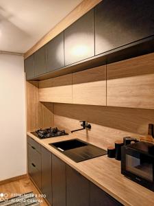 a kitchen with wooden cabinets and a stove top oven at Studio Park Śląski Katowice/Chorzów in Chorzów +18 photos