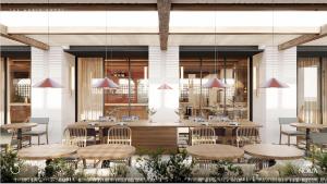a rendering of a restaurant with tables and chairs at The Noria Hotel in Arsuz