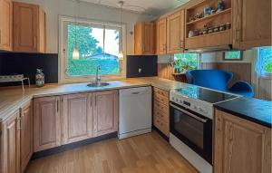 a kitchen with wooden cabinets and a sink and a window at 2 Bedroom Pet Friendly Home In Haderslev in Haderslev