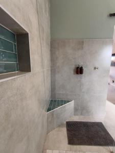 a bathroom with a walk in shower with a bench at Unit 8 Dinas Accommodation Oranjemund in Oranjemund