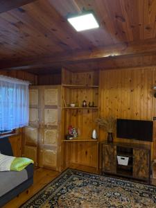 a room with wooden walls and a bed and a television at Domki Pod Lasem in Macharce