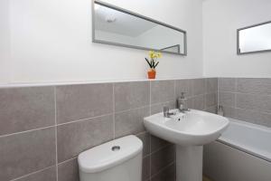 a bathroom with a sink and a toilet and a mirror at Autumn Heights Apartments in Telford