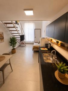 a kitchen with a sink and a living room at Loft Novo, Duplex, bem ventilado in Aparecida de Goiânia