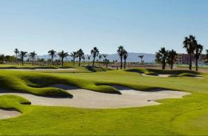 a group of golf courses with green grass and palm trees at Casa Golf Mar Menor in Los Martínez