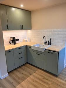 a kitchen with white cabinets and a sink at Ruheoase am Stadtrand in Buchholz in der Nordheide