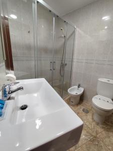 a bathroom with a sink and a shower and a toilet at Hotel Restaurante Campomar in Cartagena