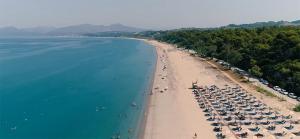 an aerial view of a beach with umbrellas at Leonidas Apartments in Preveza