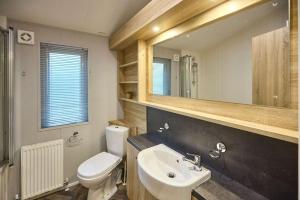 a bathroom with a toilet and a sink and a mirror at The Haven Lodge with Hot Tub in York