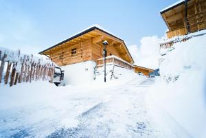 a house covered in snow next to a snow covered road at Premium Chalet Dachstein 1 in Forstau