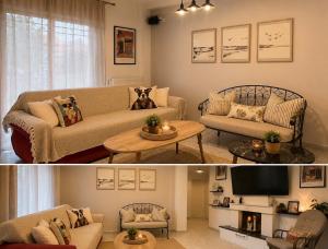 a living room with a couch and a table at Stavros Green & Sea Holiday Home in Stavros +9 photos